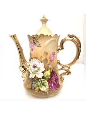 Vtg Lefton NE 1866 Coffee Pot Handpainted Pot And Lid Porcelain Roses 24k 8x8 In